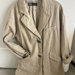 Zara Women's Beige Oversized Cotton blazer trench Jacket
